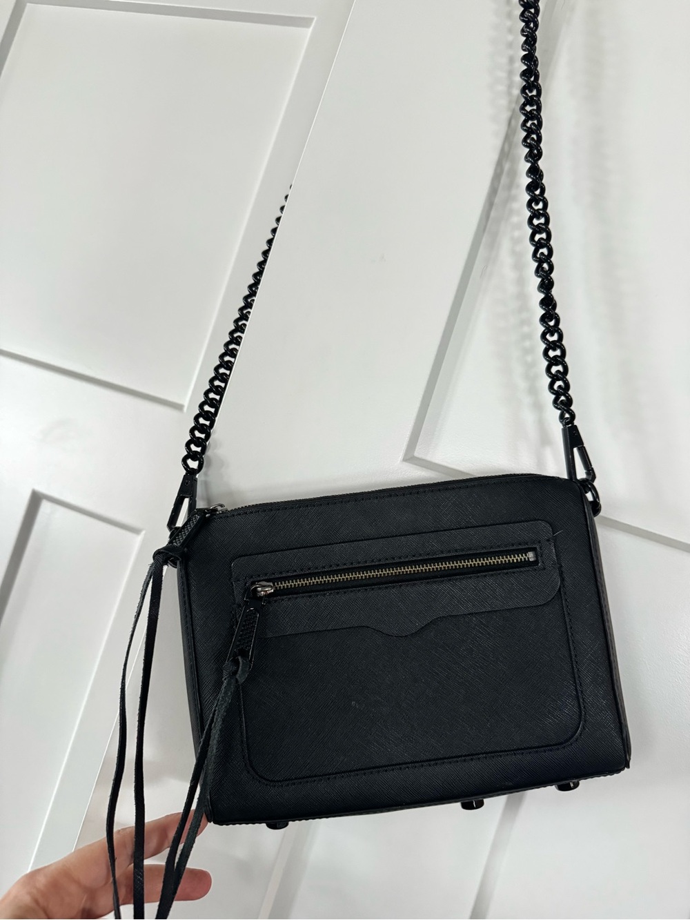Black Saffiano Crossbody Bag with Chain Strap